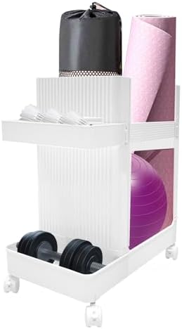 Home Gym Storage,2 Tiers Workout Equipment Organizer with Wheels Workout Equipment Storage Organizer Yoga Mat Storage Racks Home Gym Storage Rack for Yoga Mats, Foam Roller, Dumbbells