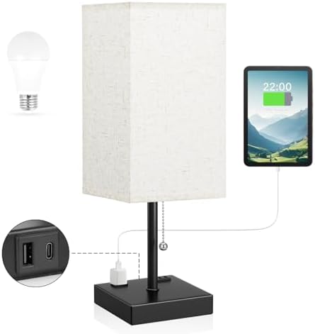 aooshine 17.4" Beige Bedside Table Lamp for Bedroom - USB C+A, 2 AC Outlets