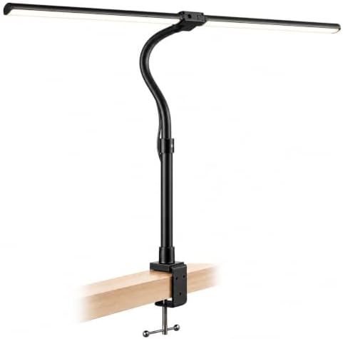 LED Desk Lamp with Clamp, Double Head Dimmable Clip On Light, 5 Color Modes, Eye-Caring Gooseneck Desk Lamp for Home Office, Study, Reading, Workbench & Small Desk – Black