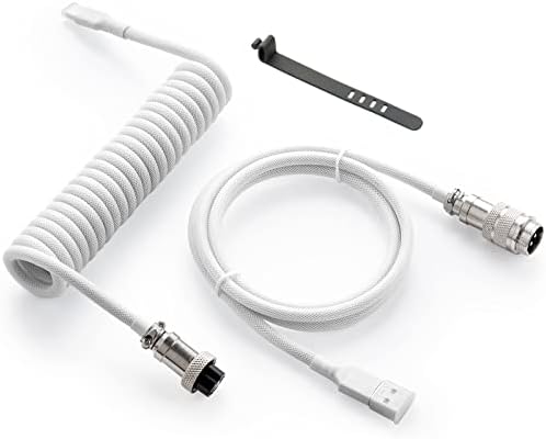 GUNMJO Pro Custom Coiled USB C Cable for Gaming Keyboard, Double-Sleeved Mechanical Keyboard Cable with Detachable Metal Aviator, 1.5M USB-C to USB-A, White
