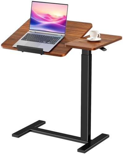 DUMOS Adjustable Bedside Overbed Table with Wheels, Brown