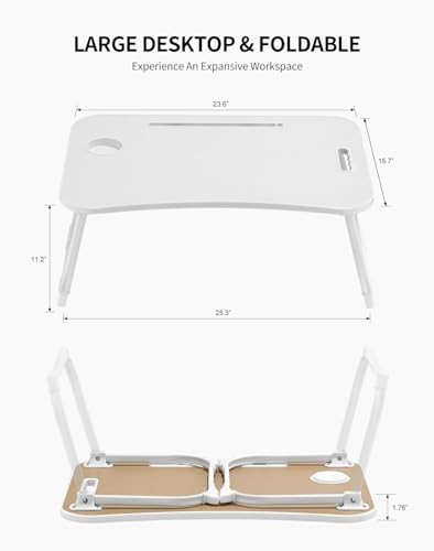 ZEAPTAC Laptop Bed Desk, Foldable Lap Desk, Portable Lap Table, Laptop Stand with Cup Holder, Tablet Slot & Lifting Handle for Work, Write, Draw & Eat on Bed, Sofa or Couch - White