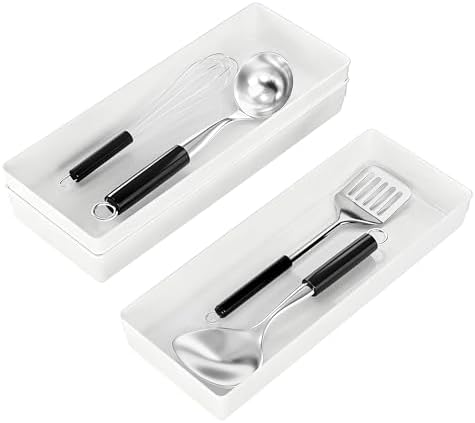 3 Pack White Large Size Plastic Drawer Organizer Tray Cutlery Utensil Makeups Drawer Organizers 15" X 6"