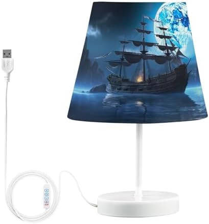 Pirate Ship Table Lamp for Bedroom, 3 Lighting Modes LED Bedside Lamps Fabric Shade Desk Lamp for Nightstand Living Room Office, 8x12 in