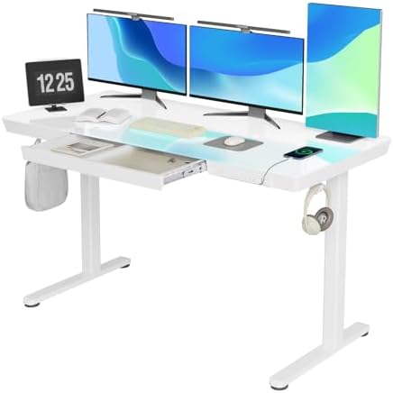 INNOVAR Glass Standing Desk with Drawers & USB Ports,55 inch Whole-Piece Glass Top Adjustable Height Desks, Quick-Install Electric Sit-Stand Up Desk for Home Office & Computer Workstation, White