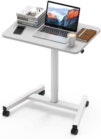 28-Inch Mobile Standing Desk, Computer Workstations with Cup Holder, Portable Standing Desk with Lockable Wheels, Rolling Table for Home Office Classroom Hospital (White)