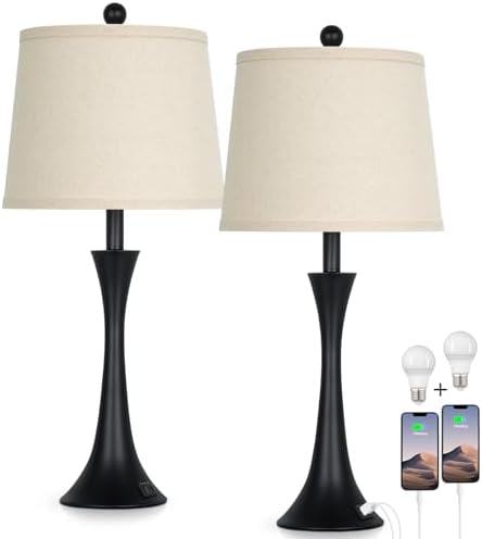 Rinweey 27.5" Table Lamps Set of 2, Touch Bedside Lamps with USB C+A Ports, 3 Way Dimmable Nightstand Lamps for Bedroom, Living Room, Office, Black Lamp with Beige Lampshade, Bulbs Included