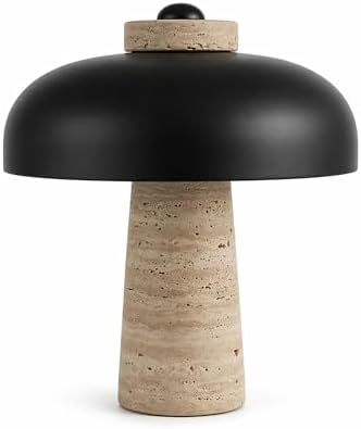 12" Natural Travertine Table Lamp with Black Metal Shade, Decorative Stone Bedside Lamp for Nightstand, Mid-Century Modern Minimalist Stone Desk Light for Small Spaces