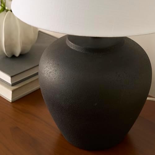 Nourison Home 20" Black Matte Ceramic Table Lamp with Fabric Shade, Bedside Nightstand Lamp for Bedroom, Living Room, Entryway
