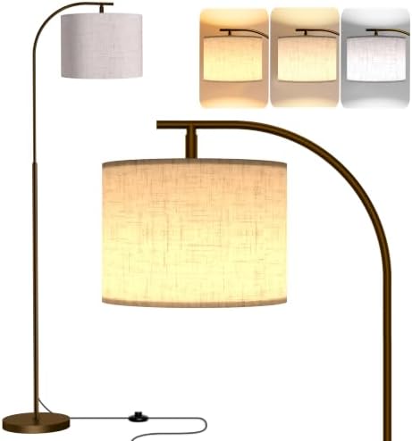 SIBRILLE Floor Lamp with Linen Shade, Arc Dimmable Tall Standing Lamp with Remote Control, Modern Floor Reading Light for Living Room Bedroom Office Corner, 9W LED Bulb Included