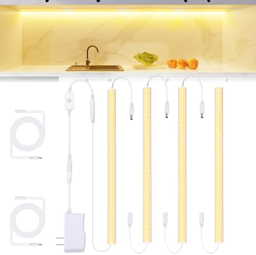 JUSJUBR Under Cabinet Lights Plug-in, 4 Pack x 12inch Warm White 3000K LED Under Cabinet Lighting, Dimmable Under Counter Lights with Memory Function, LED Light Bars for Kitchen Pantry Desk
