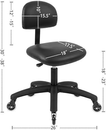 FSS Series Square seat Low (18"-23") seat Height Chair. Vinyl-for Office, Garage, Desk, Shop, Computer, Doctor, Medical, Easy to Clean! NO Footring (Black, Low, Rubber Roller Casters)