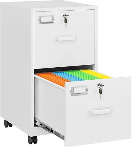 SISESOL 2 Drawer File Cabinet with Lock and Wheels,White Rolling File Cabinets,Locking Mobile Metal Filing Cabinet for Home Office,Under Desk,Fit A4/Letter/Legal File, Easy Assembly