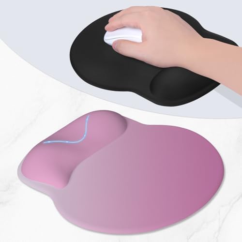 ITNRSIIET Ergonomic Mouse Pad with Wider Memory Foam Wrist Rest +17%, Curved Cushion Reduces Pressure 20%, Pain Relief, Non-Slip, Smooth, Cute Color Desk Accessory, 9.85 x 9 inch, Soft Pink