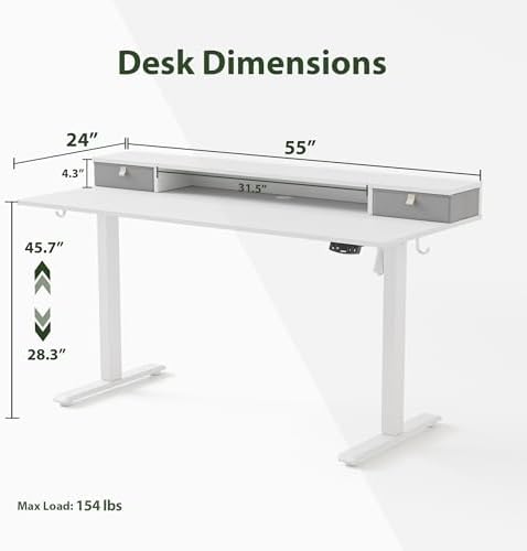 Agilestic 55 * 24 Inch Electric Standing Desk with Drawers, White