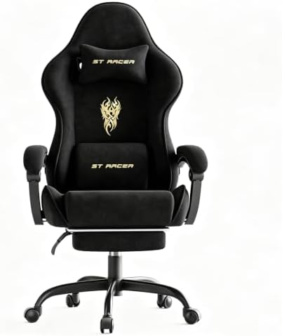 Soontrans Black Velvet Gaming Chair with Embroidery Design