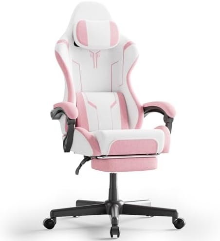 Ferghana Fabric Ergonomic Gaming Chair, High Back Computer Chair with Footrest and Linkage Armrest, Office Video Game Chair with Massage Lumbar Support for Adult, White/Pink