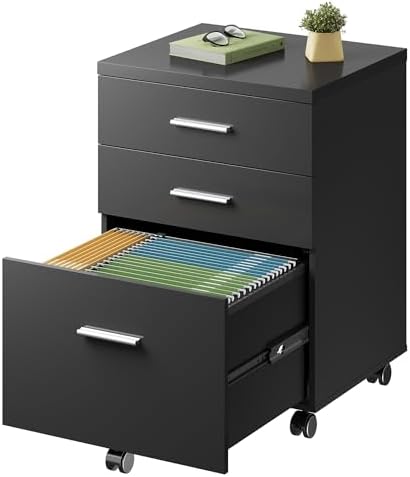 DEVAISE 3 Drawer File Cabinet, Wood Under Desk Filing Cabinet, Black