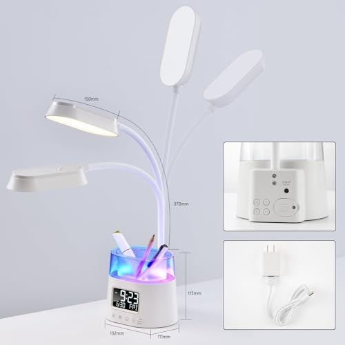 Led Desk Lamp with Pen Holder, Touch Lamps for Nightstand with 3 Color Modes, Eye-Caring Bedside Reading Light with Clock, Office Lamps Stepless Dimming, Lamp for Dorm Room, Suitable for Kid/Girl/Boy