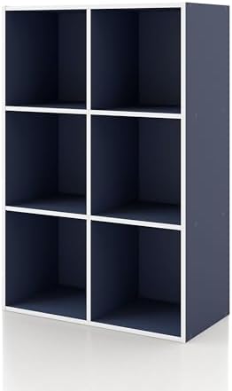 Homes: Inside + Out Apexa 6-Cube Storage Organizer Shelves, Stackable Wood Bookcase Fits Cubby Bins for Organization, Dorm Teen Room Decor & Home Office, Steel Blue
