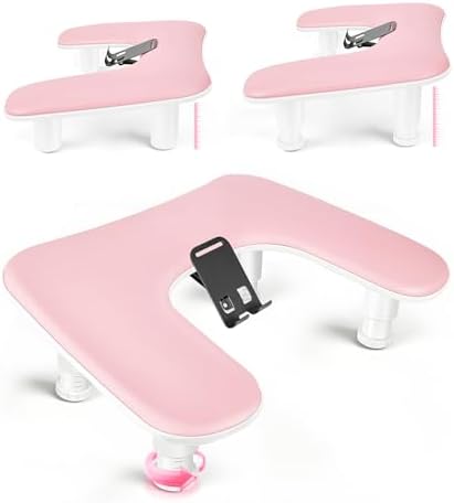 JODSONE Pink U-Shaped Manicure Arm Rest for Nails Tech with Rotating 360°Built-In Phone Holder and Adjustable Nail Arm Rest Detachable Manicure Hand Rest for Salon Design