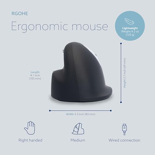 R-Go HE Ergonomic Mouse, with Break Software, USB-C Wired (with USB-A Converter), Vertical Design, Anti-Carpal Tunnel, Silent Click, Customisable Buttons, Compatible for Windows/Mac OS, Black/Silver