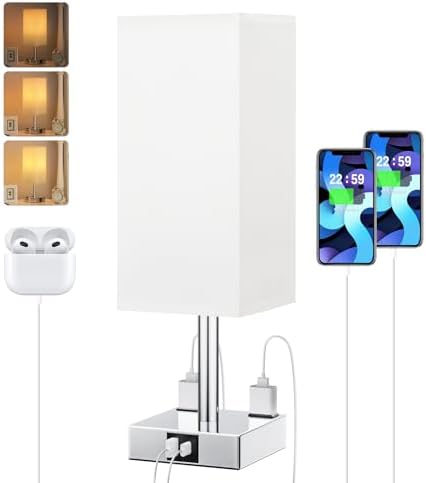 White Touch Table Lamp for Bedroom - Dimmable, USB C+A, 2 AC Outlets