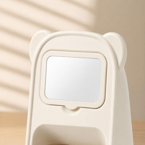 Cute Bear Pen Holder for Desk with Detachable Magnetic Mirror, Aesthetic Cream White Desk Organizer, 2-Compartment Pencil Cup Storage for Office & School