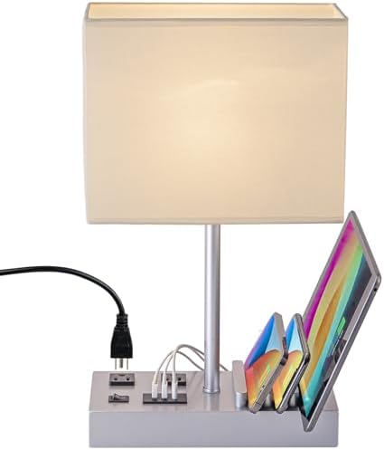 Briever USB Table Lamp, Multi-Functional Desk Lamp with 2 AC Outlets, Bedside Lamp with 3 USB Charging Ports and Wooden Phone Stands, Nightstand Lamp for Bedroom, Livingroom, Office, Silver Woodgrain