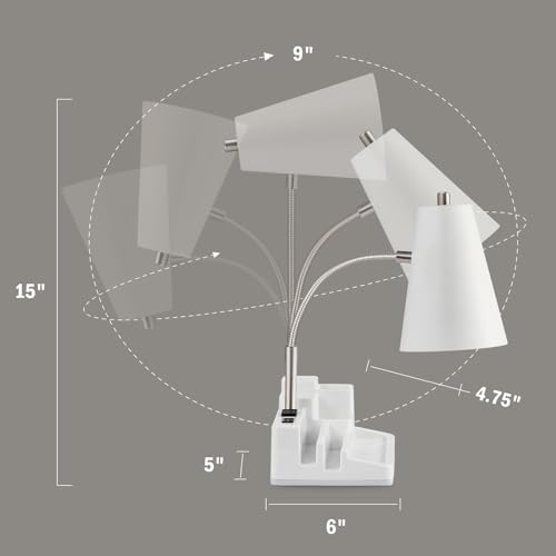 Desk Lamp Cute for Small Space, Lamp Desk with USB Port and Outlet, Desk Lamps for Home Office with Pen Holder, Study lamp for College Dorm Room, Flexible Arm, White