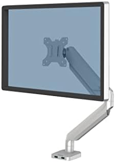 Fellowes Platinum Series Single Monitor Arm for 40-Inch Monitors, Full Motion, 360° Rotation, VESA Mount with Grommet or Clamp, USB Ports, Ergonomic, Silver, 8056401