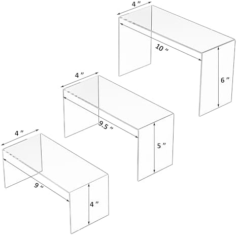 Sezanrpt 9x9.5x10 Inch Clear Display Risers Shelf 3pcs, Countertop Rectangular Acrylic Display Stands for Funko Pop Figure, Bags, Collectibles