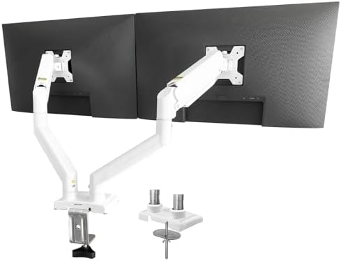 Dual Monitor Arms, Gas Spring Monitor Arms for 2 Monitors up to 34" Curved/Flat, 22lbs per Arm, VESA Mount 75x75 100x100mm, C-Clamp & Grommet Base, Adjustable Tilt/Swivel/Rotation White