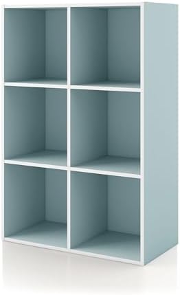Homes: Inside + Out Apexa 6-Cube Storage Organizer Shelves, Stackable Wood Bookcase Fits Cubby Bins for Organization, Dorm Teen Room Decor & Home Office, Light Blue