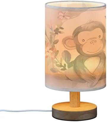 Bedside Lamp Monkey Pink Flower Table Lamp for Bedroom LED Nightstand Lamp Shade USB Ports Wood Base for Living Room Dorm Office