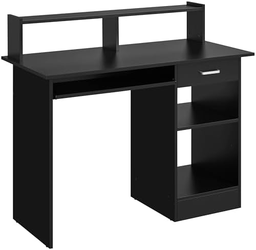 Yaheetech Computer Desk with Keyboard Tray, Drawers, and Shelves, Black