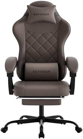 Gaming Chair with Footrest, Ergonomic Leather Computer Chair with Lumbar Support, Height Adjustable High Back Swivel Office Chair for Adults, Gamer Chair for Gaming, Working,Brown