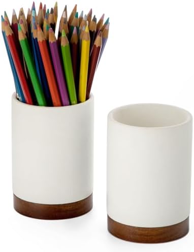 Ceramic Pen Holder for Desk, Pencil Cup, (White,Set / 2)