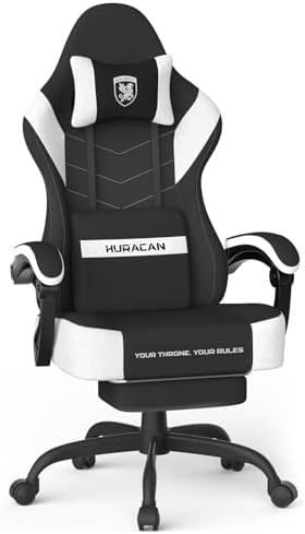 Ferghana Cotton Fabric Gaming Chair - Wider Seat Cushion, Shield-Shaped Embroidery, Ergonomic High Back with Footrest, Computer Gamer Chair for Adults Featuring Massage Lumbar Support, Black/White