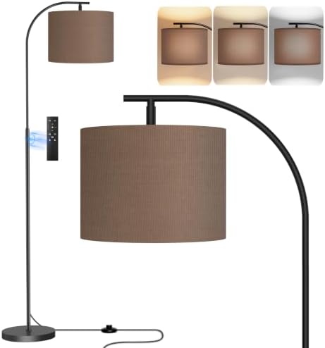 SIBRILLE Floor Lamp with Linen Shade, Arc Dimmable Tall Standing Lamp with Remote Control, Modern Floor Reading Light for Living Room Bedroom Office Corner, 9W LED Bulb Included