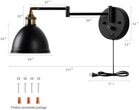 Swing Arm Wall Sconces, Plug-in Wall lamp,Bedroom Wall lamp ， White Fabric Shade，，with dimmable Switch and USB Charging Port, Suitable for Bedside, Living Room, Reading (Metallic Black)