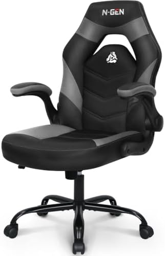 N-GEN GAMING Video Gaming Chair Ergonomic Office Desk Chair with Lumbar Support Adjustable Height Padded Flip Up Arms and Swivel Wheels Racing Style Design for Adults with PU Leather (Grey)