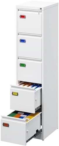 PEUKC 5-Drawer File Cabinet, 16.3" Deep Vertical Metal Filing Cabinet with Lock for Home Office, Anti-Tip 5 Storage Drawers for Letter/Legal/A4/F4 Size (Assemble Required, White)