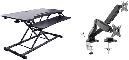 Rocelco 43" Height Adjustable Standing Desk Converter with Premium Dual Monitor Arm Mount - Tall Stand Up Tabletop Riser and Tablet Slot - Computer Workstation - Keyboard Tray - Black (R VADRB-43-MA2)