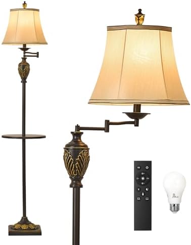 Traditional Floor Lamp with Tray, Remote Dimmable, 350°Swing Arm,Black Gold