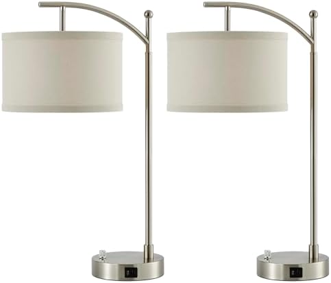 Table Lamp Set of 2, 23.5" Bedside Lamps with USB C+A Ports, Silver