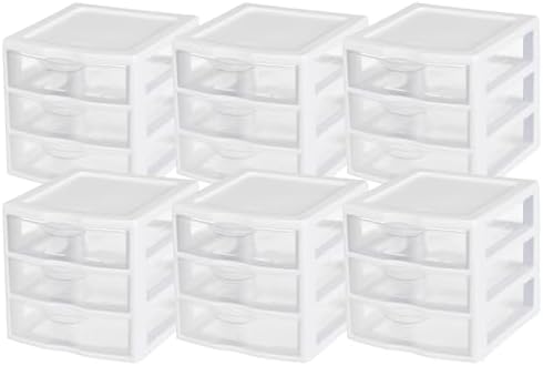 Sterilite Clearview Plastic Multipurpose Small 3 Drawer Desktop Storage Organization Unit for Home, Classrooms, or Office Spaces, White, (Pack of 6)