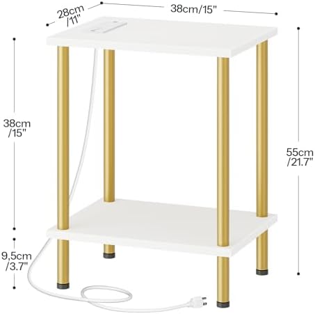 HOOBRO Side Table with Charging Station, End Table with USB Port and Outlet, Nightstand with 2-Layer Storage Shelves for Small Spaces, Living Room, Bedroom, Stable Frame, White and Gold DW09UBZ01