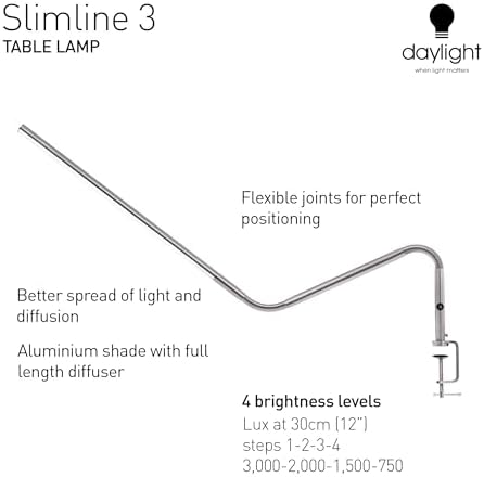 daylight Company, LLC U35108 Slimline 3 Table Lamp-LED-80 CRI-Eye Care-4 Brightness Levels, 3,000 LUX at 30 cm, 1,065 LUMENS-4 Step DIMMER Mode, Brushed Steel, 25.6 x 30 x 0.8