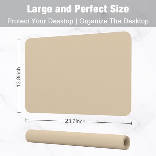 Hsurbtra Desk Pad, 23.6" x 13.8" PU Leather Desk Mat, M Extended Mouse Pad, Waterproof Desktop Blotter Protector, Non-Slip Ultra Thin Small Laptop Keyboard Writing Mat for Office Home, Beige